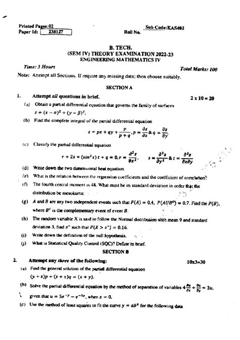 Btech as 4 sem engineering mathematics 4 kas402 aug 2023 - Printed ...