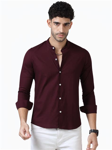 Cotton Chinese Collar Shirt - Maroon – Reserio