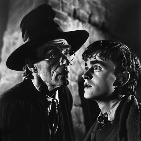 A black and white portrait of a man and a boy in a witch costume ...