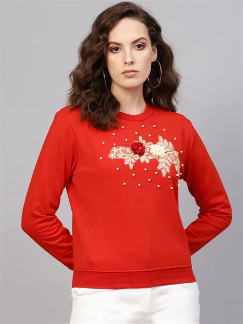 Buy Women Red Floral Front Patch Sweatshirt Online At Best Price ...