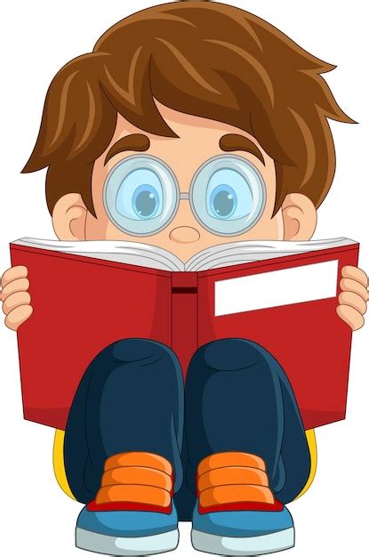 Cartoon kleiner Junge sitzt und liest ein Buch | Premium Vektor