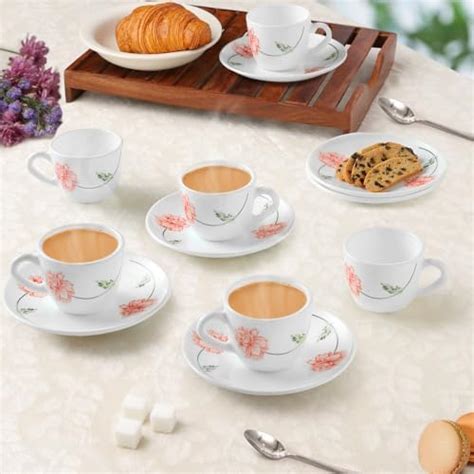 Larah by BOROSIL Red Mist Opalware Cup and Saucer Set of 12 pcs | Tea ...