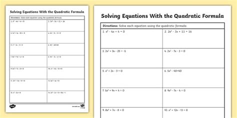 Algebra I Solving Equations With the Quadratic Formula Practice
