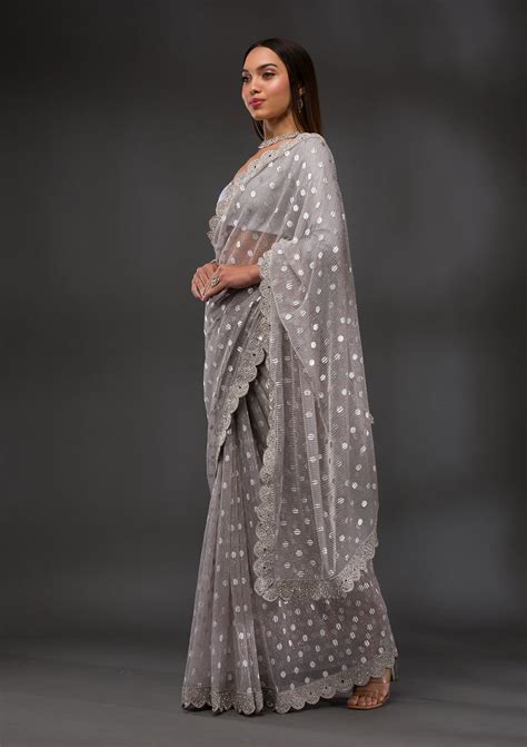Buy Grey Stonework Shimmer Georgette Saree - Koskii