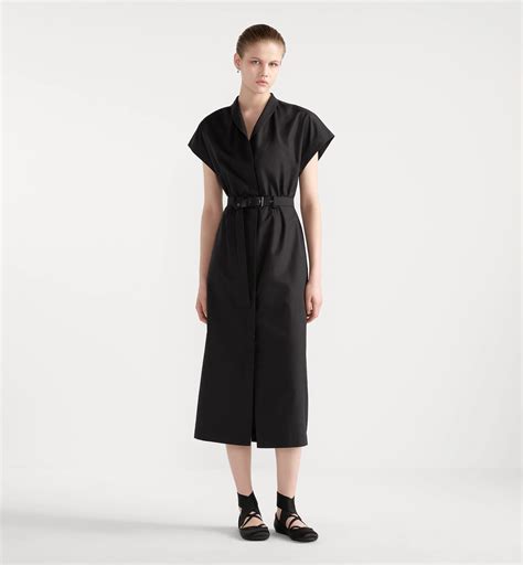 Mid-Length Belted Dress Black Cotton and Silk Poplin | DIOR