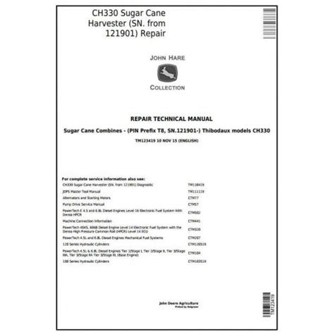 TM123419 John Deere / Thibodaux CH330 Sugar Cane Harvester Pdf Technic ...