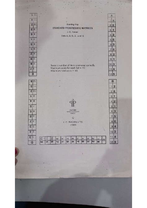 standard progressive matrix answer key - 21 A to LL 14 N 01 Scoring Key ...