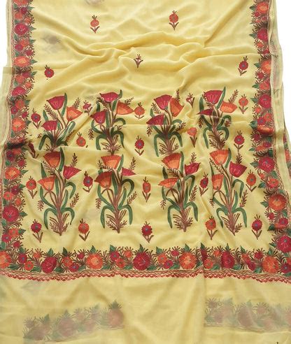 Yellow Embroidered Kashmiri Aari Work Georgette Flower Design Saree ...