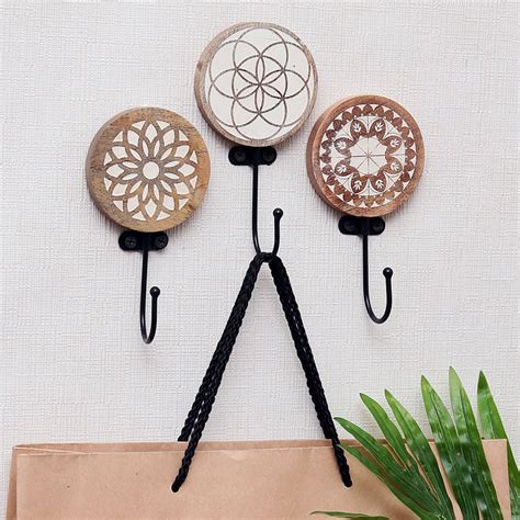 Brown Wooden Abstract Design Wall Hooks For Keys - Pack of 3