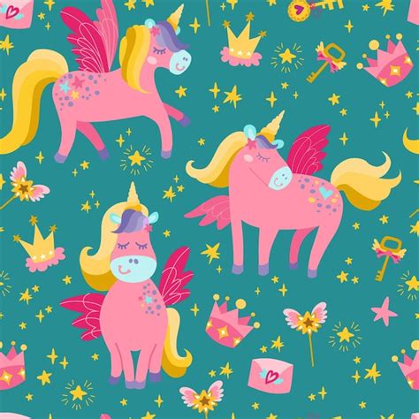 Cute pattern with pink unicorns and stars magic seamless background ...