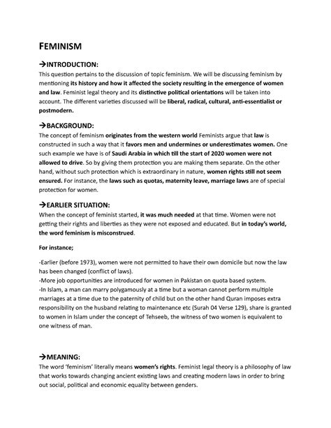 Feminism essay - FEMINISM INTRODUCTION: This question pertains to the ...