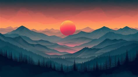 A vast mountain range with a large sun setting in the background ...