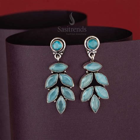 Oxidised Leaf Drop Earrings with Natural Stones – Sasitrends