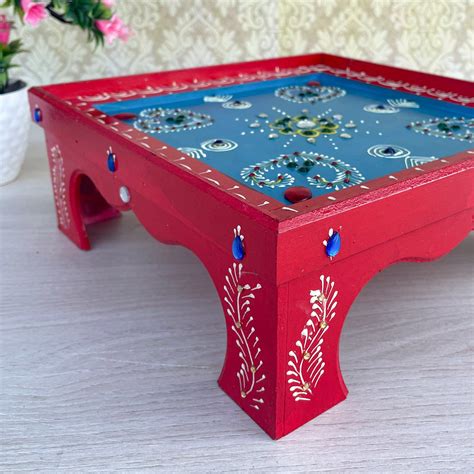 Blue Pink Wooden Chowki with Intrinsic Artwork – Ritwikas