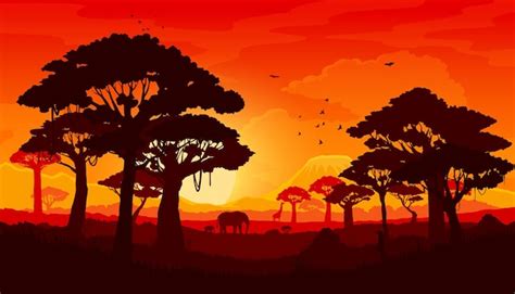 Silhouette de paysage coucher de soleil savane africaine | Vecteur Premium
