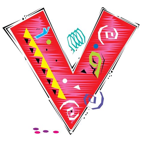 A decorative letter v in a fiesta style with red pink lines and yellow ...