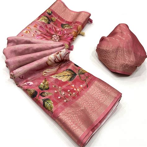 Peach Woven With Floral Digital Printed Fancy Fabric Saree