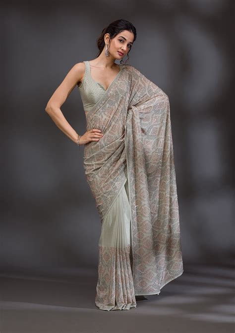 Buy Pista Green Stonework Satin Saree - Koskii