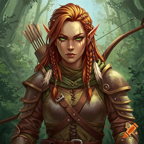 A portrait of a female elf archer character in fantasy armor in a ...