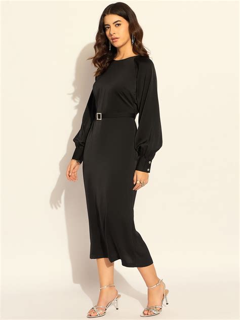 Chic Semi-Fitted Midi Dress With Gentle Puff Sleeves In Soft Satin Fab