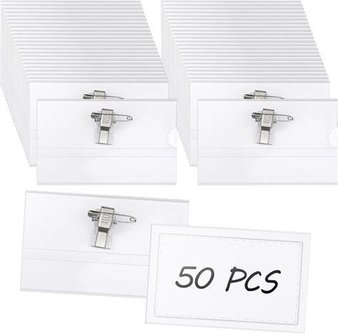 HEQU Name Badges, 50 Pcs Badge Holder with Metal Clips and Pins Clear ...