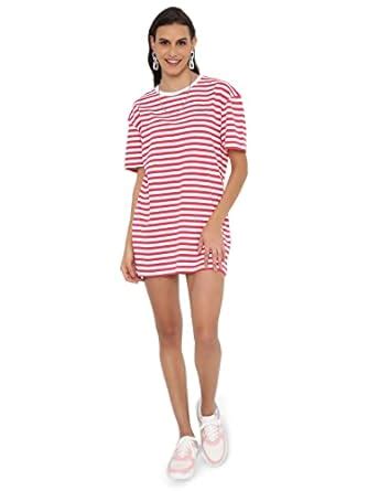 Buy BLANCD Women's Pure Cotton Casual Stripes Oversized Round Neck Drop ...