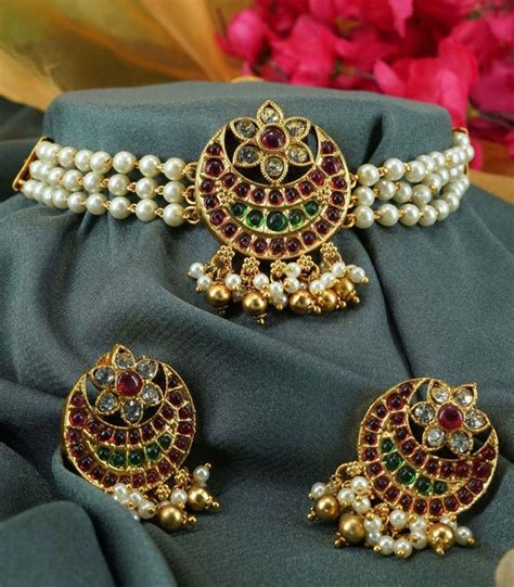 Premium Gold Plated Kempu Studded Chic Necklace set with Pearl String ...