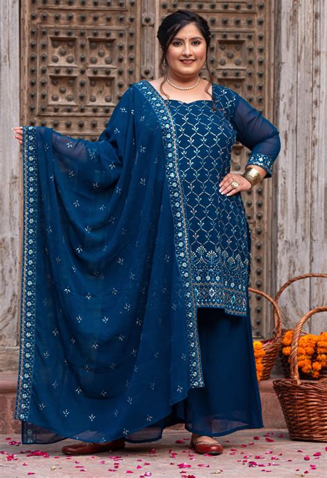 Plus Size Glorious Teal Embroidered Sharara Set with Dupatta – DESINOOR.COM