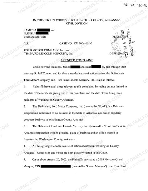 Amended Complaint for Violation of Arkansas Lemon Law | US Legal Forms