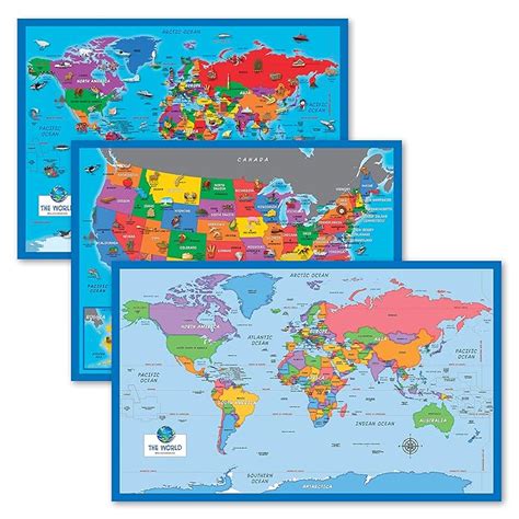Buy 3 Pack - World & USA Map Chart [Illustrated Short] + Simplified ...