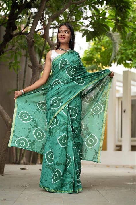 Cotton Teal Tie-Dye with White Circular Motifs and Subtle Zari Border