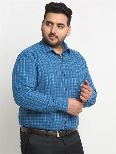 plusS Plus Size Blue Grid Tattersall Checked Opaque Formal Shirt – pluss.in