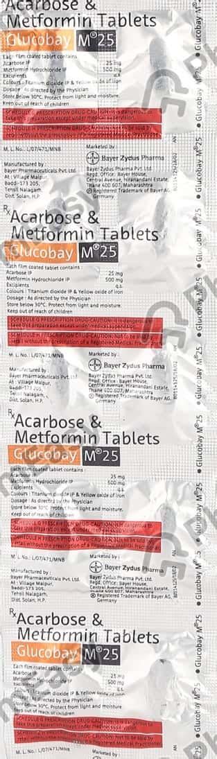 Buy Glucobay M 25mg Strip Of 10 Tablets Online & Save Up to 24% at ...