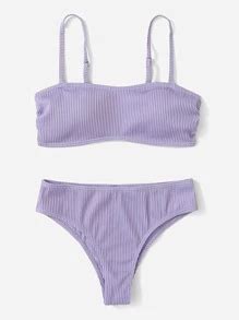 Plain Ribbed Ruched Bikini | SHEIN EUR