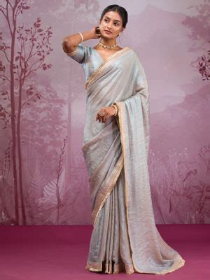 Buy Koskii Blue Thread Work Tissue Saree with Unstitched Online