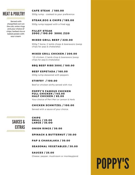 Menu at Poppy's Restaurant, Randburg, Corner Beyers Naude Drive and