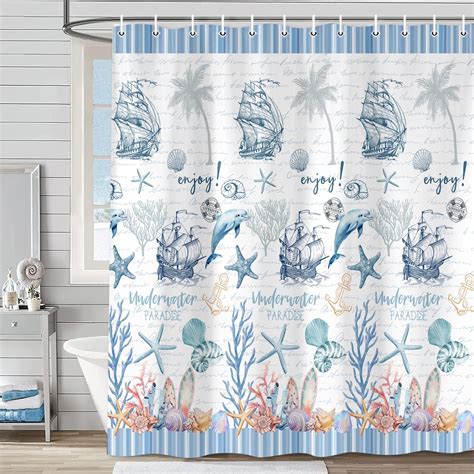 Nautical Shower Curtain,Ocean Shower Curtains for Bathroom,Seashell ...