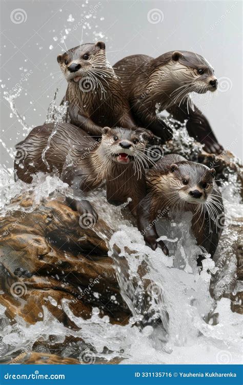 Otter Friends Having Fun in River Stock Illustration - Illustration of ...