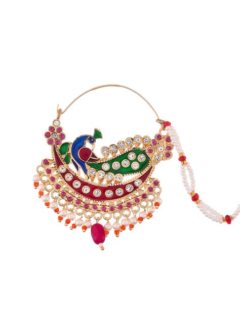 Buy Gold Plated White & Pink Stone Studded & Beaded Meenakari Nose Ring ...