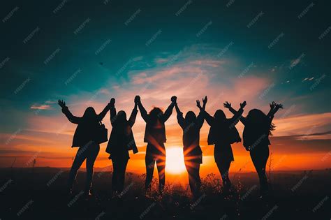 Silhouette group of happy friends is having fun with raised hands against sunset mountains ... - silhouette of friends