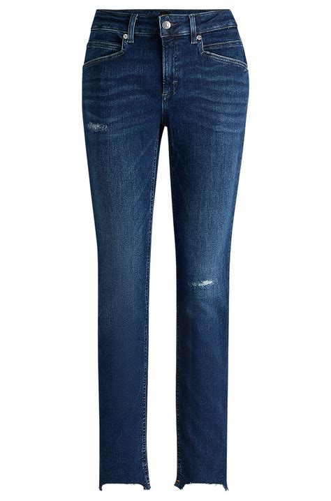 BOSS - Blue jeans in distressed stretch denim with frayed hems - Dark Blue