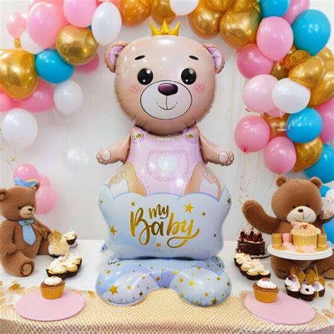 1pc Pink/Blue My Baby Crown Base Teddy Bear Balloon, Great For Baby ...