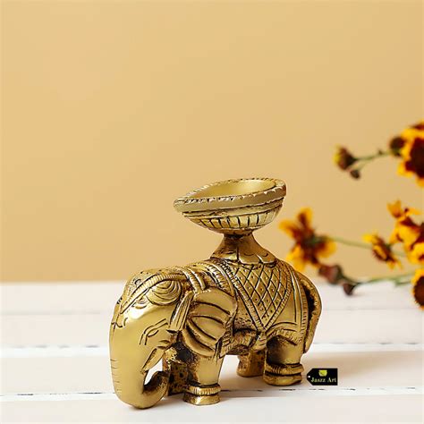 Jaszz Art Brass Elephant Diya Ethnic Design Handmade Curved Oil Wick A