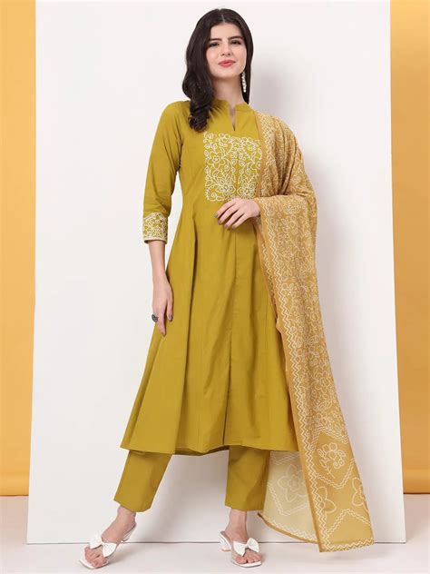 Mustard Pure Cotton Kantha Work A-Line Kurta Dupatta Pant Set – Yufta Store