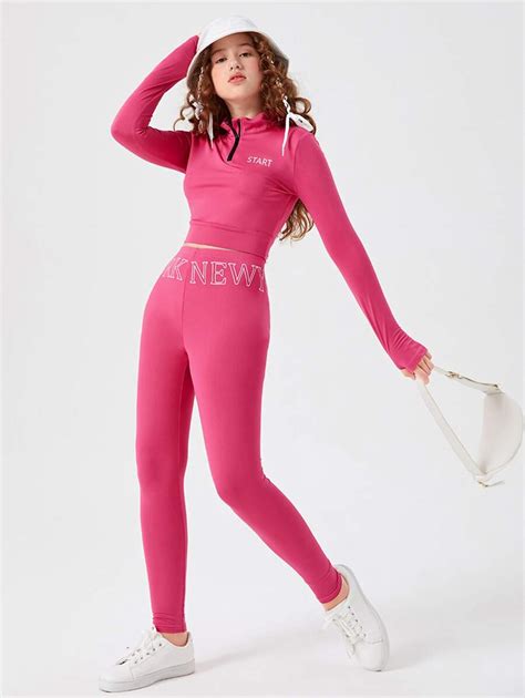 SHEIN Teen Girls Letter Graphic Half Zip Thumb Holes Crop Top ...