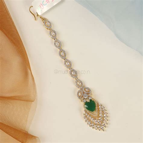 Shop Online Gold And Green Diamond Maang Tikka