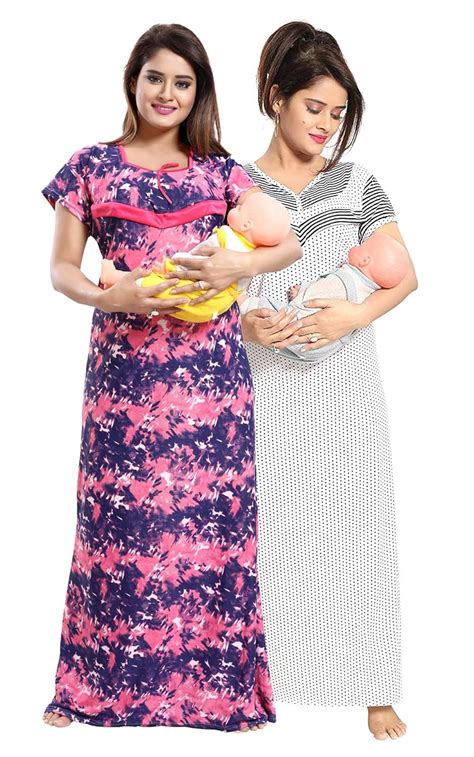 Buy Be You Women's Satin Printed Maxi Maternity Nighty (BUF-COMBO-1577 ...