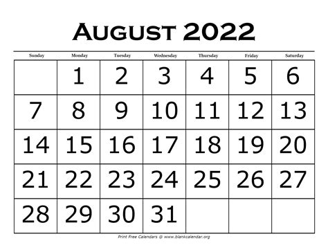 Printable August Calendars – Blank Calendar