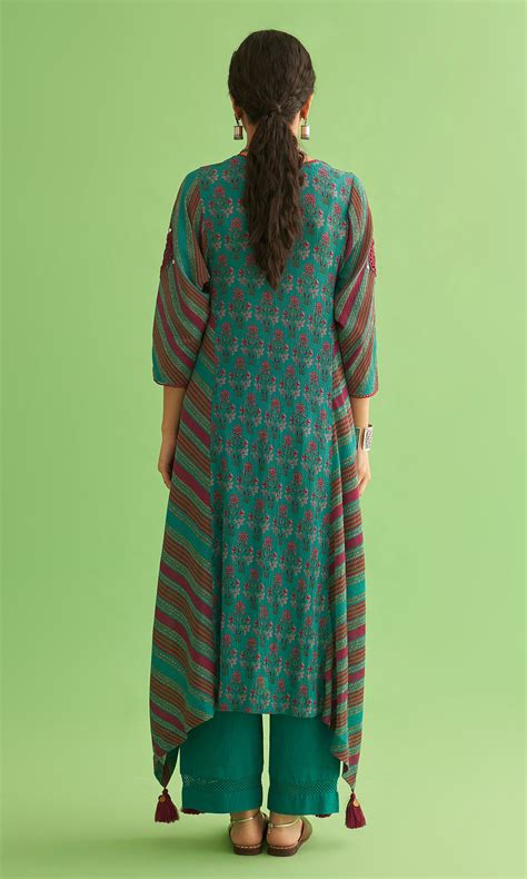 Soraya Mughal Teal Asymmetrical Kurta With Palazzo Set Of 3 – Ridhiiee ...