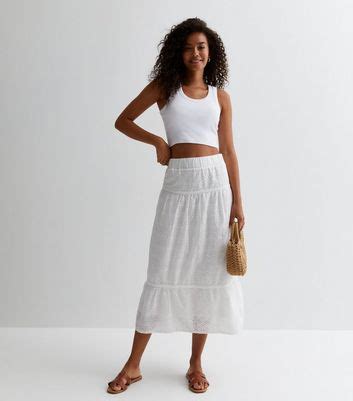 Tall White Broderie Tiered Hem Midi Skirt | New Look